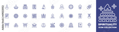 Spirituality line icon collection. Editable stroke. Vector illustration. Containing ayyavazhi, stones, mandala, pray, valknut, hetanism, essential oil, dreidel, worship, incense stick, candle. photo