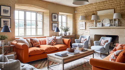 Modern cottage sitting room, living room interior design and country house home decor, sofa and lounge furniture, English Cotswolds countryside style photo
