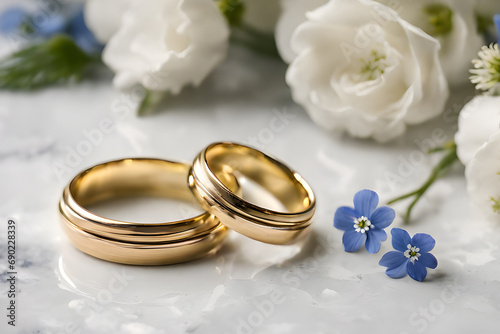 Two gold wedding rings on a light marble table with white and blue wildflowers. photo created using Playground AI platform