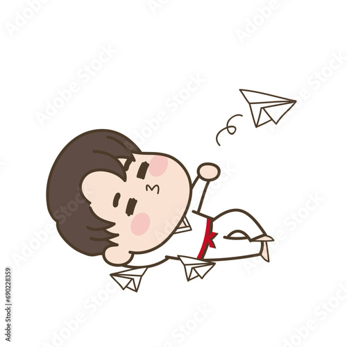 종이비행기를 날리고 있는 태권도 소년 캐릭터