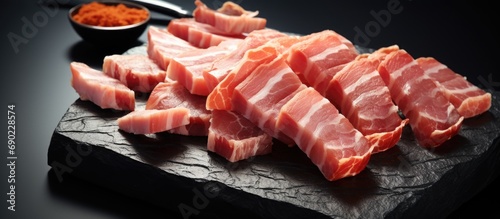 Kitchen knife and cubes of bacon on a slate plate. Website header. Creative Banner. Copyspace image photo