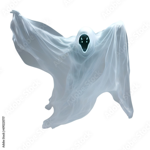 A close-up image of a ghost. A translucent scary ghost floats in the air.  photo