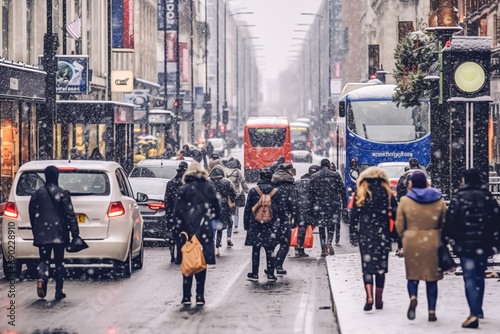 Crowdy street during Christmas shopping, snowing winter in the city, post-processed, generative ai photo