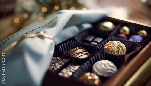 Chocolates and chocolate pralines in a gift box as a luxury holiday present, generative ai
