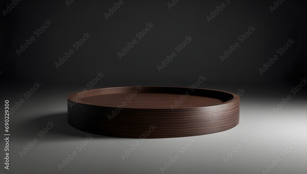 Dark Wooden Round Podium on a Black Background. 3D Empty Wooden Stage. Minimalistic Wooden Circle for Product Presentations. Dark Wooden Round Podium on a Black Background. 3D Empty Wooden Stage. Minimalistic Wooden Circle for Product Presentations.