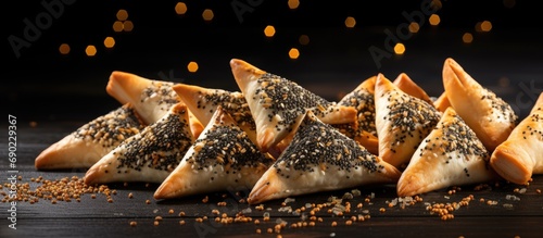 Many prebaked Haman pockets also known as Hamantashen an Ashkenazi Jewish triangular filled pocket cookies usually associated with the Jewish holiday of Purim filled with poppy seeds. Website header photo