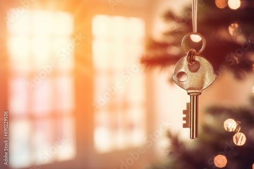 House key on Christmas tree, blurred lights on background. Mortgage and home loan (AI Generator) © lab