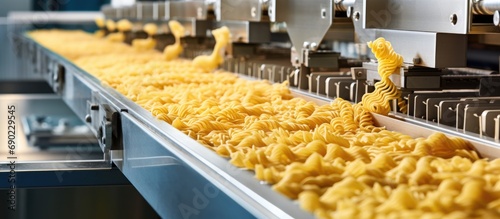 Pasta producing process various types of pasta on conveyor belt. Website header. Creative Banner. Copyspace image