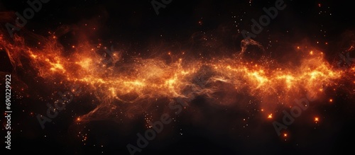 Fire embers border over black background Fire sparks background Abstract dark glitter fire particles lights bonfire in motion blur Flame Border. Website header. Creative Banner. Copyspace image