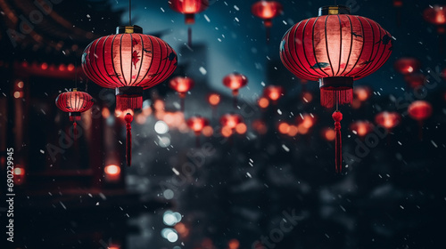 Charming and lively image of red lanterns during Chinese New Year night, Capturing essence of festival and happiness it brings, Set against dark night background, AI Generated