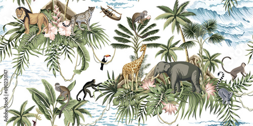 African elephant, lion, giraffe, leopard, monkey, lemur, toucan, palms, banana trees, palm leaves, sea wave, hibiscus flower pattern. Tropical island wallpaper. photo