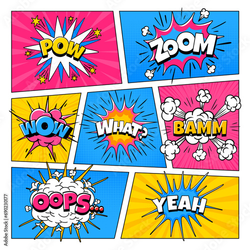 Comic sound effects in frames. Cartoon comic book page, grid frame, cloud and explosion with text. Color style with speech bubble, pow, zoom, wow sounds. Vector layout