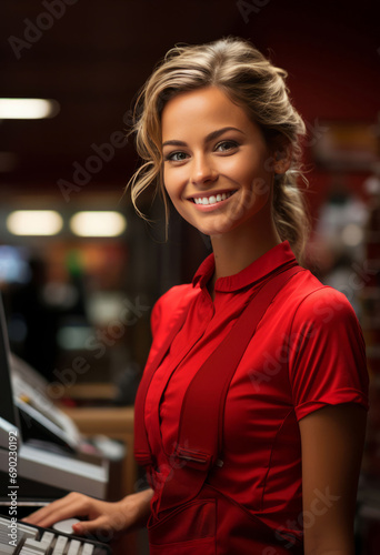 Happy woman, cashier and portrait with smile for management, small business or restaurant. Positive, confident and proud for retail, grocery store and service industry with cash register and counter.