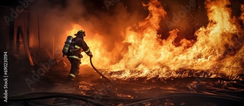 Firefighter fighting for fire attack training. Website header. Creative Banner. Copyspace image