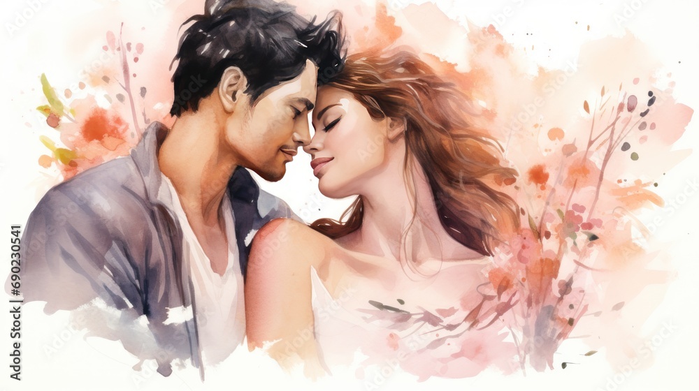 Couple in love, Peach Fuzz color, watercolor