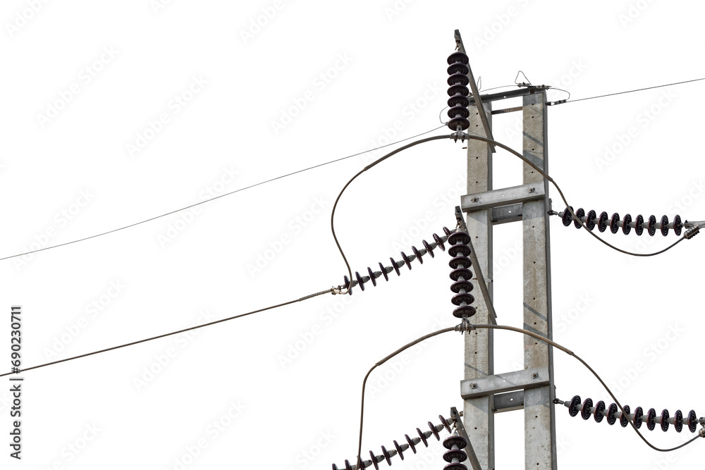 High Electric pole isolated on transparent background. Concrete power lines, Electric power transmission. Utility pole Electricity concept. High voltage tower wires, copy space - obrazy, fototapety, plakaty 