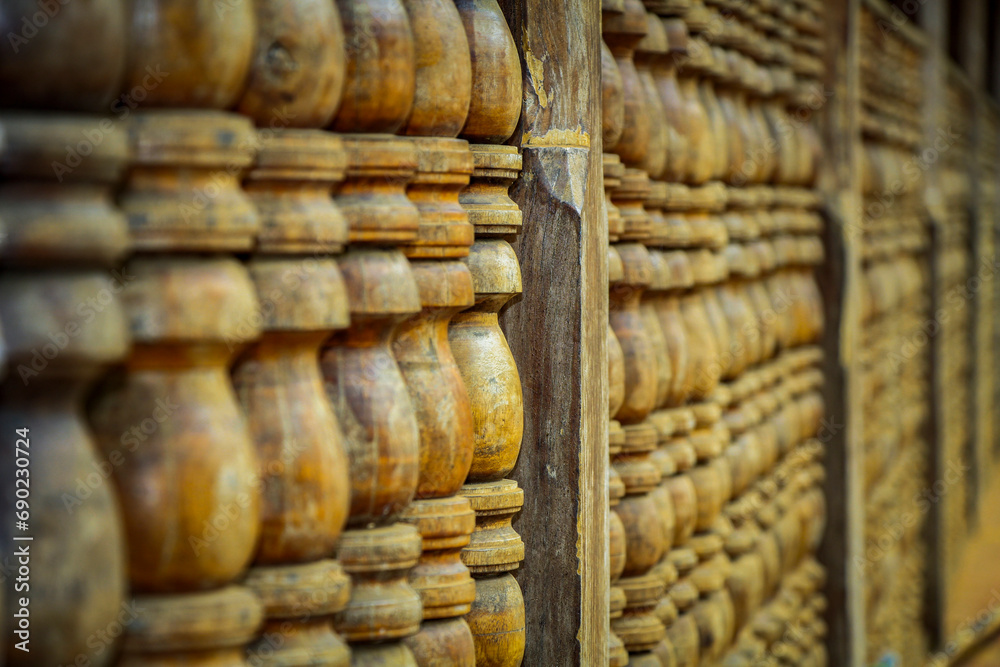 Famous ancient wood carvings at Embekke Temple near Kandy SriLanka