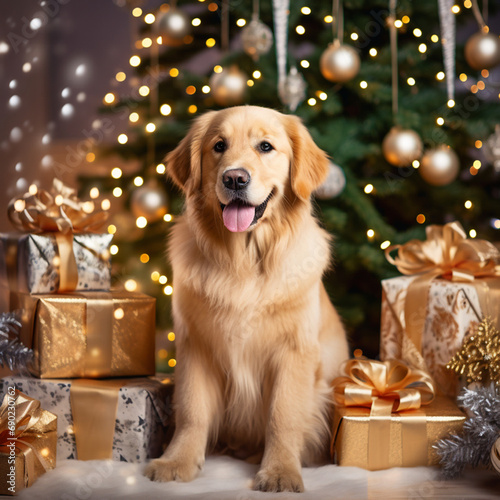small golden retriever dog near the Christmas tree with gifts on New Year's Eve and Christmas