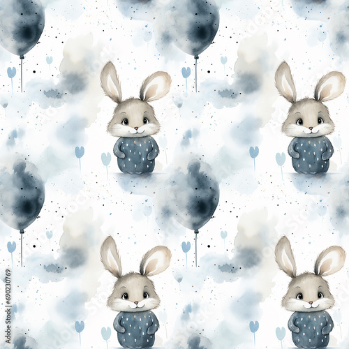a gray and white rabbit pattern with hearts on it,