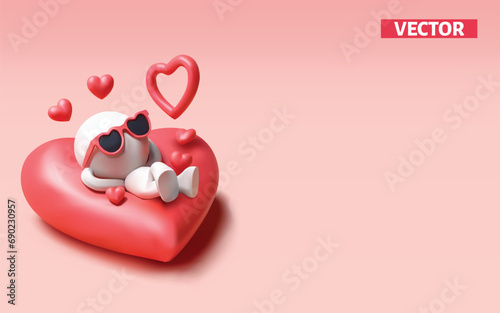 Love concept character falling in love smiling on Heart Sleeping cushion 3D vector on light pink background.