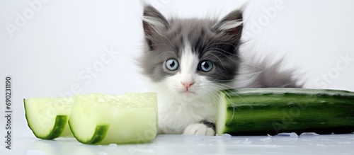 fun fluffy cat plays with cucumber on white fur. Website header. Creative Banner. Copyspace image