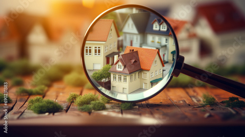 Magnifying glass focused on residential building, Symbolizing search for new house in rental housing market, AI Generated photo