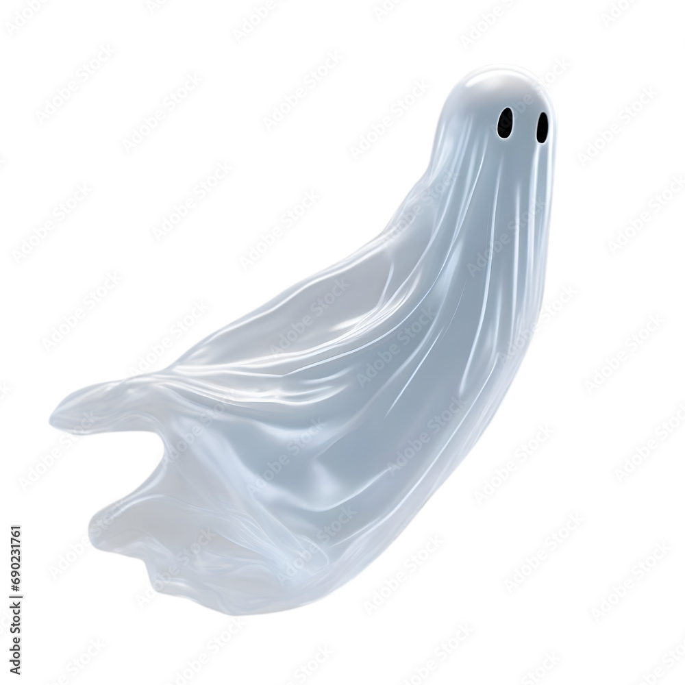 A close-up image of a ghost. A translucent scary ghost floats in the air. 