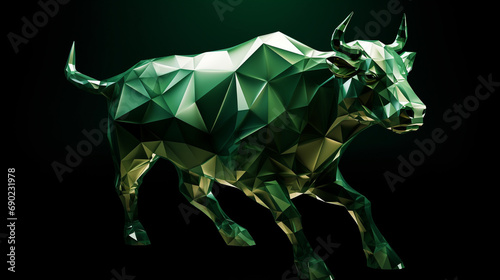 Abstract digital artwork of bullish bull in polygonal form glowing in shades of green, Symbolizing rising stock market, AI Generated