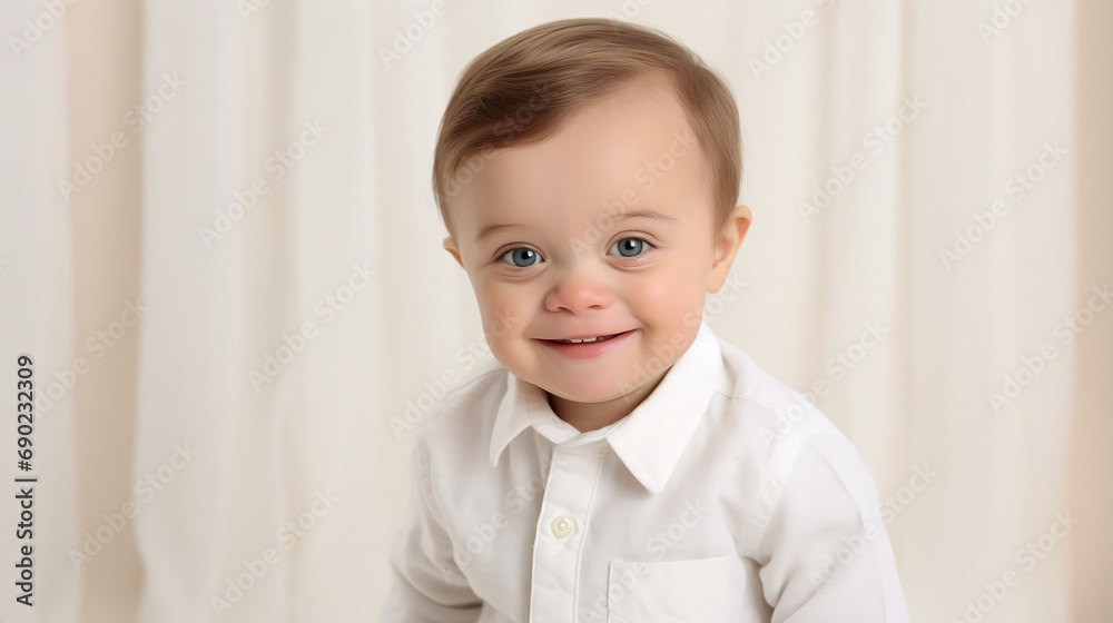 Portrait of a happy smiling child with down syndrome looking at the camera on a white bright blurred studio background