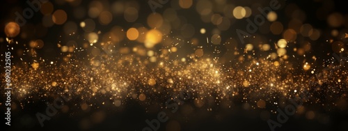 Glistening golden particles with a bokeh effect against a dark backdrop, symbolizing celebration and luxury, advertisements, as a background for special event announcements, invitations, New Year