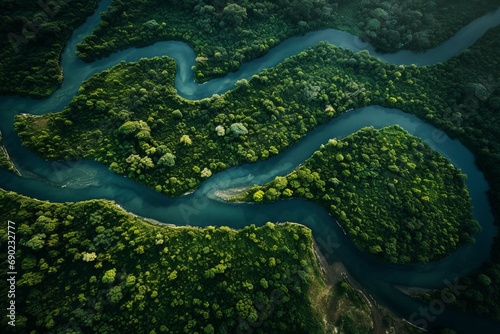 Aerial view of the Amazonas jungle landscape with river bend. create using a generative AI tool 