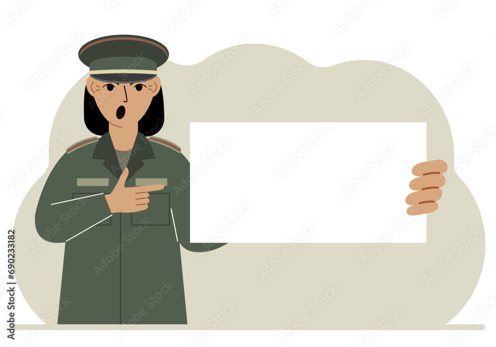 A woman in a military uniform is holding a large white sheet of paper that could be a place for text. Vector