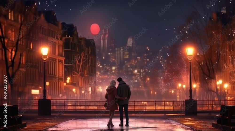 Beautiful couple in love, Congratulations on February 14, romantic setting, in the night city