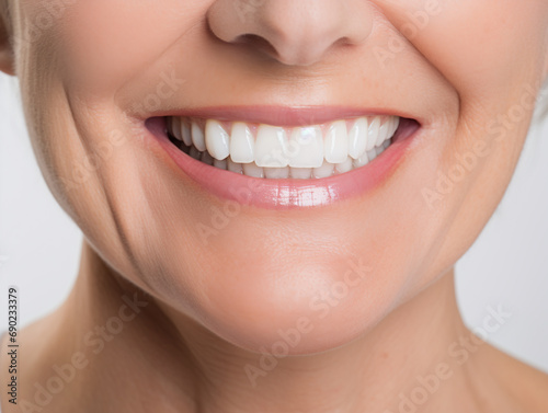 close-up of a woman's smile with straight white teeth, advertising dental procedures, prosthetics, teeth whitening