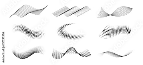 Halftone waves. Dotted curved abstract liquid shapes, wave with particles, halftone circles texture isolated vector elements. Dots wavy flow decoration