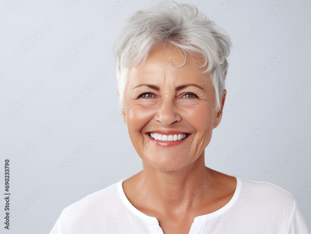portrait of a retired model woman smiling broadly with snow-white teeth, for a banner of dental procedures