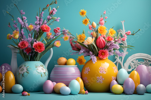 Wallpaper Mural Osterdekoration mit bunten Eiern und Frühlingsblumen, erstellt mit generativer KI Torontodigital.ca