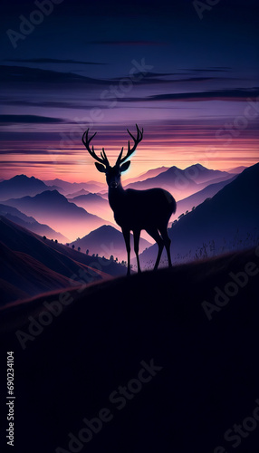 An image in a 9_16 ratio suitable for a mobile wallpaper, illustrating a mountain landscape with silhouetted deer at dusk. 