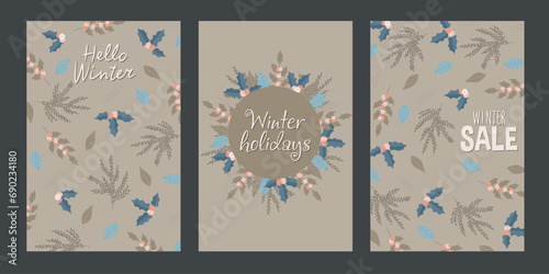 Set of greeting cards. Postcards with winter flowers and twigs. Hello winter. New Year cards. A set of postcards on Christmas and New Year themes. 