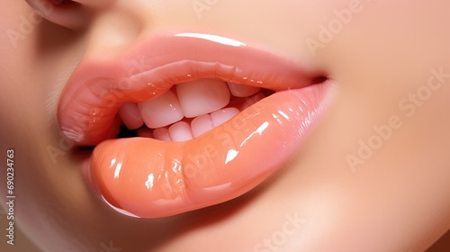 Close up of woman's lips with glossy peachy lipstick. Peach Fuzz color lips.