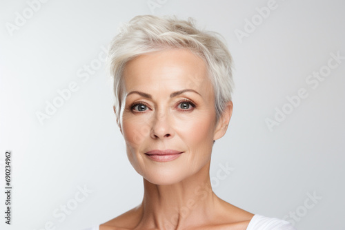 Beautiful gorgeous 50s mid aged mature woman looking at camera isolated on white. Mature old lady close up portrait. Healthy face skin care beauty  middle age skincare cosmetics  cosmetology concept 