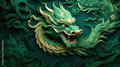 Chinese green dragon in paper cut style. New Year of the Dragon 2024