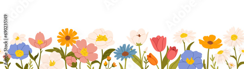 Spring flower border. Seamless blooming colorful wildflowers horizontal frame border. Natural meadow fresh flowers and plants, botanical floral vector illustration photo