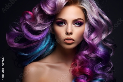 Beautiful woman with multi-coloured hair and creative make up and hairstyle