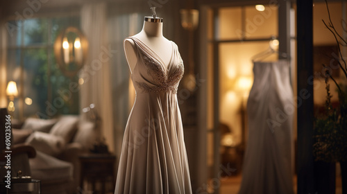 Beautiful white wedding dress, Designer boutique interior, AI Generated