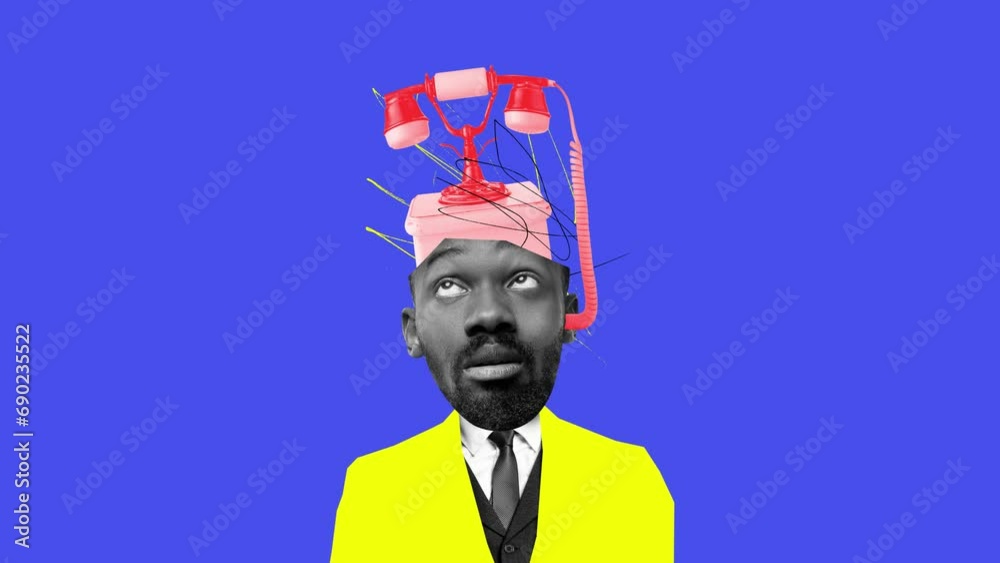 Vidéo Stock AfricanAmerican young man with retro phone on head looking