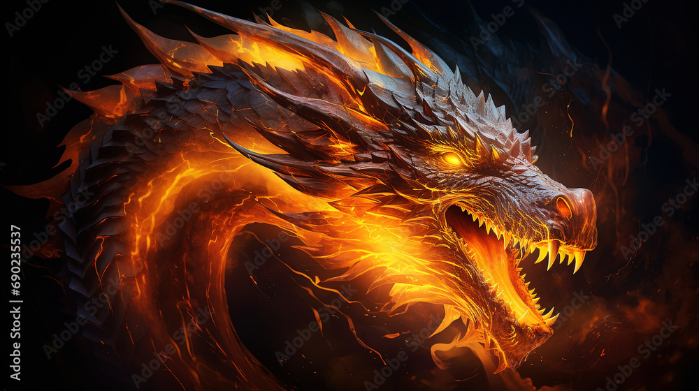Fantastic fire dragon with burning eyes. Chinese New Year 2024 Fantastic fire dragon with burning eyes. Chinese New Year 2024