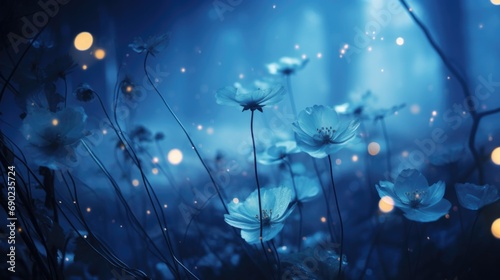 Wild poppies illuminated by the dramatic blue moonlight  and fireflies in the night photo