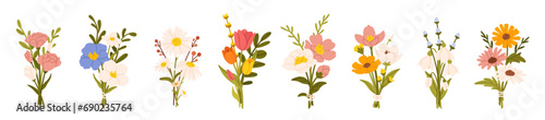 Flower bouquets. Garden blossoming flowers with stem and leaves, floral bouquet. Various cartoon romantic flowering plant for Woman and Mother day. Vector set photo