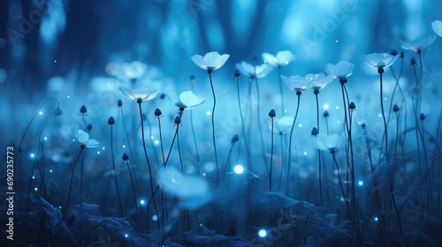 Wild poppies illuminated by the dramatic blue moonlight and fireflies in the night